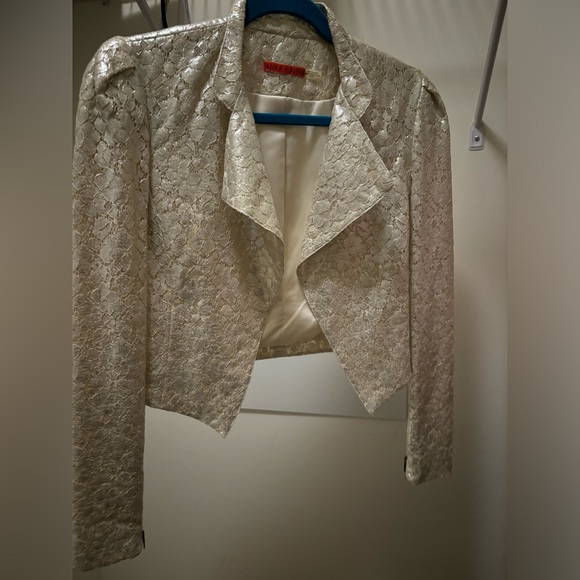 Alice and Olivia Champagne Lace Pattern Cropped Moto Jacket Blazer Size XS - Picture 2 of 7